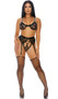 Sheer mesh underwire bra features vinyl contrast trim and lattice overlay, adjustable shoulder straps, and back clasp closure. Matching criss cross cut out thong panty and adjustable garter belt also included. Three piece set.