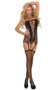 Seamless diamond net camisette with attached adjustable garters. Includes matching g-string and fishnet stockings. Three piece set.