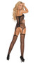 Seamless diamond net camisette with attached adjustable garters. Includes matching g-string and fishnet stockings. Three piece set.