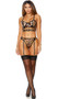 Leopard print transparent vinyl bustier features cut out front, underwire cups, adjustable shoulder straps, and hook and eye back closure. Matching cheeky cut panty with attached adjustable garter straps also included. Two piece set.