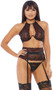 Two tone lace bralette with underbust v wire, scalloped trim, high neckline with halter style ties, and hook and eye back closure. Matching thong panty and adjustable garter belt also included. Three piece set.