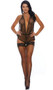 Sheer wide fishnet romper with plunging deep V neckline, wide cut legs, and Y strap back with adjustable straps and O ring detail.