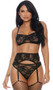 Sheer lace bra with underwire cups, adjustable shoulder straps and hook and eye back closure. Matching garter belt with adjustable straps and cheeky cut panty also included. Three piece set.