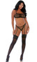 Sheer diamond net balcony bra with underwire cups, elastic trim and cage strap detail, adjustable shoulder straps and adjustable back straps. Pullover closure, back does not open. Matching high leg panty with attached adjustable garter straps and cheeky cut back also included. Two piece set.