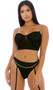 Sleeveless mesh bustier with velvety raised cheetah print, underwire cups, gold chain adjustable shoulder straps, and hook and eye back closure. Matching cheeky cut panty with attached adjustable garter straps and detachable gold chain also included. Two piece set.