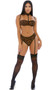 Mesh bra with velvety raised cheetah print features underwire cups, adjustable shoulder straps, adjustable hook and eye back closure, and attached choker collar with adjustable connecting strap and adjustable hook and eye back closure. Matching panty with attached adjustable garters, lined crotch with string back side included. Two piece set. 