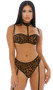Mesh bra with velvety raised cheetah print features underwire cups, adjustable shoulder straps, adjustable hook and eye back closure, and attached choker collar with adjustable connecting strap and adjustable hook and eye back closure. Matching panty with attached adjustable garters, lined crotch with string back side included. Two piece set. 