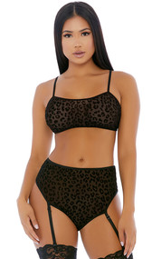 Sleeveless mesh cami bra top with velvety raised cheetah print, adjustable shoulder straps and back hook and eye closure. Matching panty with attached adjustable garter straps.