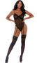 Sleeveless mesh teddy with velvety raised cheetah print underwire cups, adjustable shoulder straps, adjustable low back strap, attached adjustable garters, high cut on the leg and cheeky cut back. Crotch is lined, does not open.