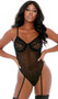 Sleeveless mesh teddy with velvety raised cheetah print underwire cups, adjustable shoulder straps, adjustable low back strap, attached adjustable garters, high cut on the leg and cheeky cut back. Crotch is lined, does not open.