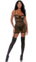 Sheer wide fishnet mesh chemise with underwire cups, sweetheart neckline, adjustable shoulder straps, elastic trim cage design, and attached adjustable garters. Matching cheeky cut panty also included. Two piece set.