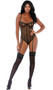 Sleeveless sheer wide fishnet teddy with elastic trim cage design, underwire cups, adjustable shoulder straps, attached adjustable garters, and cheeky cut back.