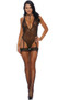 Sleeveless sheer teddy with diamond net pattern, deep V plunging neckline, attached choker collar with clasp back closure, criss cross shoulder straps, open back with strappy design, and attached adjustable garters. Lined crotch, does not open.