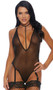 Sleeveless sheer teddy with diamond net pattern, deep V plunging neckline, attached choker collar with clasp back closure, criss cross shoulder straps, open back with strappy design, and attached adjustable garters. Lined crotch, does not open.