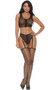 Sleeveless cami crop top with sheer diamond net pattern, wide shoulder straps, and front zipper closure. Matching high cut panty with attached adjustable garter straps, lined crotch and cheeky back also included. Two piece set.