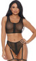 Sleeveless cami crop top with sheer diamond net pattern, wide shoulder straps, and front zipper closure. Matching high cut panty with attached adjustable garter straps, lined crotch and cheeky back also included. Two piece set.