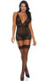 Sheer mesh and lace chemise with plunging deep V neckline and back, adjustable shoulder straps, elastic waistband, scalloped trim and attached adjustable garters. Matching G-String panty also included. Two piece set.