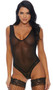 Sleeveless sheer mesh teddy with scalloped lace trim, V neckline, wide shoulder straps and cheeky cut back.