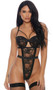 Strappy lace teddy with underwire cups, adjustable shoulder straps, sexy cut out design with open sides, and double hook and eye back closure with thong back.