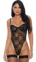 Sheer floral lace teddy with underwire cups, sweetheart neckline, adjustable shoulder straps, high cut on the leg and cheeky back.