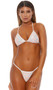 Matanzas bikini set features a triangle top embellished with mini beads, faux pearls, iridescent seashells and rhinestone trim, halter neck and tie back. Matching G-string bottom also included. Two piece set.