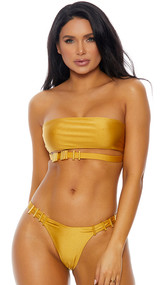 Cali bikini set features a tube bandeau top with underboob cut out, sliding gold metal hardware embellishments, and back clasp closure. Matching high cut bottom with cheeky cut back also included. Two piece set.