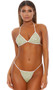 Chilibre bikini set features a triangle top embellished with mini gold and green chains and mini white square beading in a triangle pattern, halter neck and back tie closure. Matching G-string bottom also included. Two piece set.