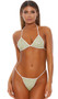 Chilibre bikini set features a triangle top embellished with mini gold and green chains and mini white square beading in a triangle pattern, halter neck and back tie closure. Matching G-string bottom also included. Two piece set. Chilibre bikini set features a triangle top embellished with mini gold and green chains and mini white square beading in a triangle pattern, halter neck and back tie closure. Matching G-string bottom also included. Two piece set.