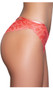 Low rise brazilian cut panty with semi-sheer stretch lace, scalloped trim, lined crotch and strappy criss cross cheeky back. This listing is for a pack of three panties. You will receive one of each: coral, black and white.