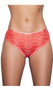 Low rise brazilian cut panty with semi-sheer stretch lace, scalloped trim, lined crotch and strappy criss cross cheeky back. This listing is for a pack of three panties. You will receive one of each: coral, black and white.