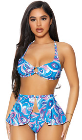 Martinique bikini set includes top with gathered cups featuring a metal O ring accent, criss cross shoulder straps and tie back closure. Matching peplum skirt with swan hook closure and cheeky cut bottoms also included. Three piece set.