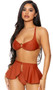 Martinique bikini set includes top with gathered cups featuring a metal O ring accent, criss cross shoulder straps and tie back closure. Matching peplum skirt with swan hook closure and cheeky cut bottoms also included. Three piece set.