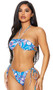 Grenada bikini set features a halter top with gathered cups, drawstring detail, silicone strips to help keep in place, and double side straps with tie back closure. Matching bottoms with sides ties and thong back also included. Two piece set.
