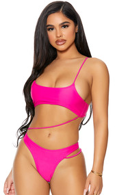 Bonaire one piece swimsuit features open midsection, adjustable shoulder straps, diagonal strap across the stomach, strappy accent on the hip, high cut on the leg and thong cut back.