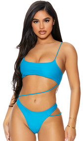 Bonaire one piece swimsuit features open midsection, adjustable shoulder straps, diagonal strap across the stomach, strappy accent on the hip, high cut on the leg and thong cut back.