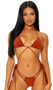 Aruba bikini set features a halter triangle top with adjustable cups with removable padding through pockets, halter neck, tie back and adjustable stomach ties that connect to bottoms. Matching bottoms with triple straps, side ties and thong back also included. Two piece set.