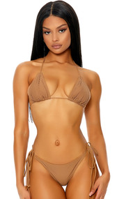 Cayman bikini set features a halter triangle top with net overlay, adjustable cups with removable padding through pockets, halter neck, and tie back with tassel accents. Matching bottoms with side ties also included. Two piece set.