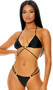 Curacao bikini set features a halter top with adjustable triangle cups, removable padding through pockets, O ring accent, wraparound straps and tie back closure. Matching bottoms with double straps and cheeky back also included. Two piece set.