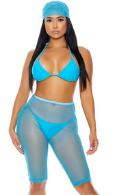 Yacht Queen set features bikini top with adjustable triangle cups, halter neck and tie back. Matching bottoms with side ties also included. Mesh biker style coverup shorts with elastic waist and head wrap also included. Four piece set.