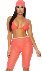 Yacht Queen set features bikini top with adjustable triangle cups, halter neck and tie back. Matching bottoms with side ties also included. Mesh biker style coverup shorts with elastic waist and head wrap also included. Four piece set.