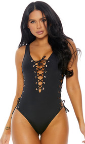 Mocoa one piece swimsuit features lace up chest and sides with metal grommet detail, wide shoulder straps, padded cups with removable padding through pockets, and cheeky cut back.