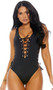 Mocoa one piece swimsuit features lace up chest and sides with metal grommet detail, wide shoulder straps, padded cups with removable padding through pockets, and cheeky cut back.