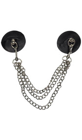 Leather circle shaped pasties with D ring and connecting triple chain detail. Chain is detachable. Back of pasties is cloth-lined and the flat back side of the stud is exposed. Reusable, adhesive not included.