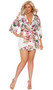 Charmeuse short length kimono style robe with detachable belt, floral print and three quarter sleeves.