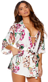 Charmeuse short length kimono style robe with detachable belt, floral print and three quarter sleeves.