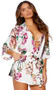 Charmeuse short length kimono style robe with detachable belt, floral print and three quarter sleeves.