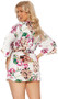 Charmeuse short length kimono style robe with detachable belt, floral print and three quarter sleeves.