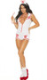 Racy RN Nurse costume includes sleeveless romper with cross patches and collar, mini front pockets and front zipper closure. Matching retro style head piece also included. Two piece set.