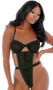 Sheer mesh cheetah print teddy features underwire cups, sexy cut outs, stretchy elastic straps, high cut on the leg, adjustable shoulder straps, and adjustable hook and eye back closures.