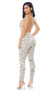 Sleeveless money print jumpsuit with plunging neckline, halter tie closure and sexy low cut back.